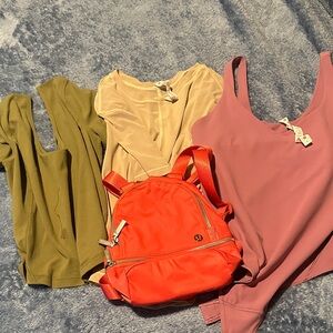 lululemon athletica Olive, Beige, and Mauve Tops with Red Backpack bundle